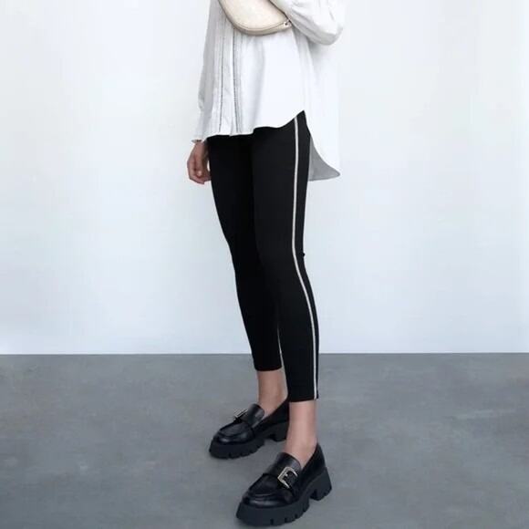 ZARA High Rise Side Appliqués Rhinestone Stripes Cropped Trouser Pants M Black - Picture 1 of 15